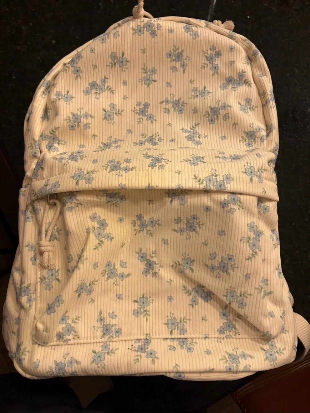 Floral Corduroy Backpack — Cream with Light Blue Flowers